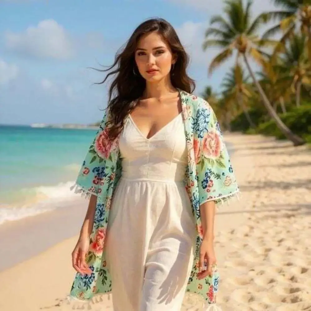 SHEIN Green and Pink Swim Coverup with Tropical Flair